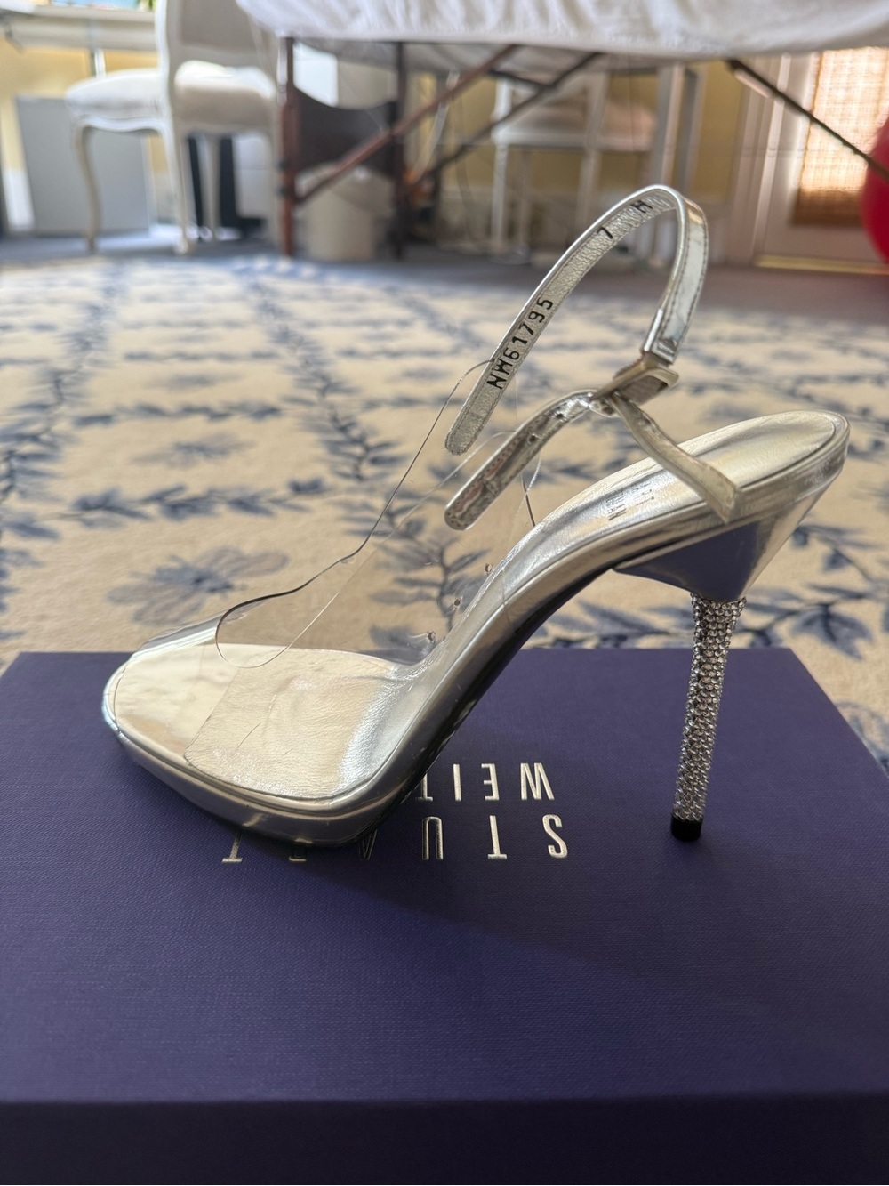 Stuart Weitzman Silver Clear Strap Crystal-Heel Sandal